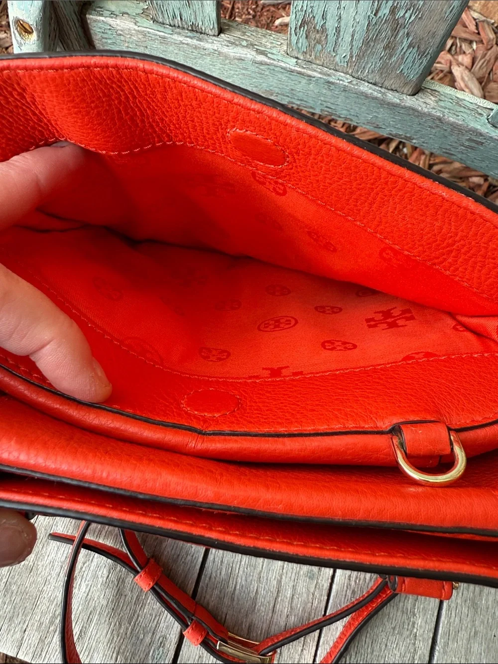 Tory Burch Coral-Red Pebbled Leather Mini Satchel with Detachable Strap